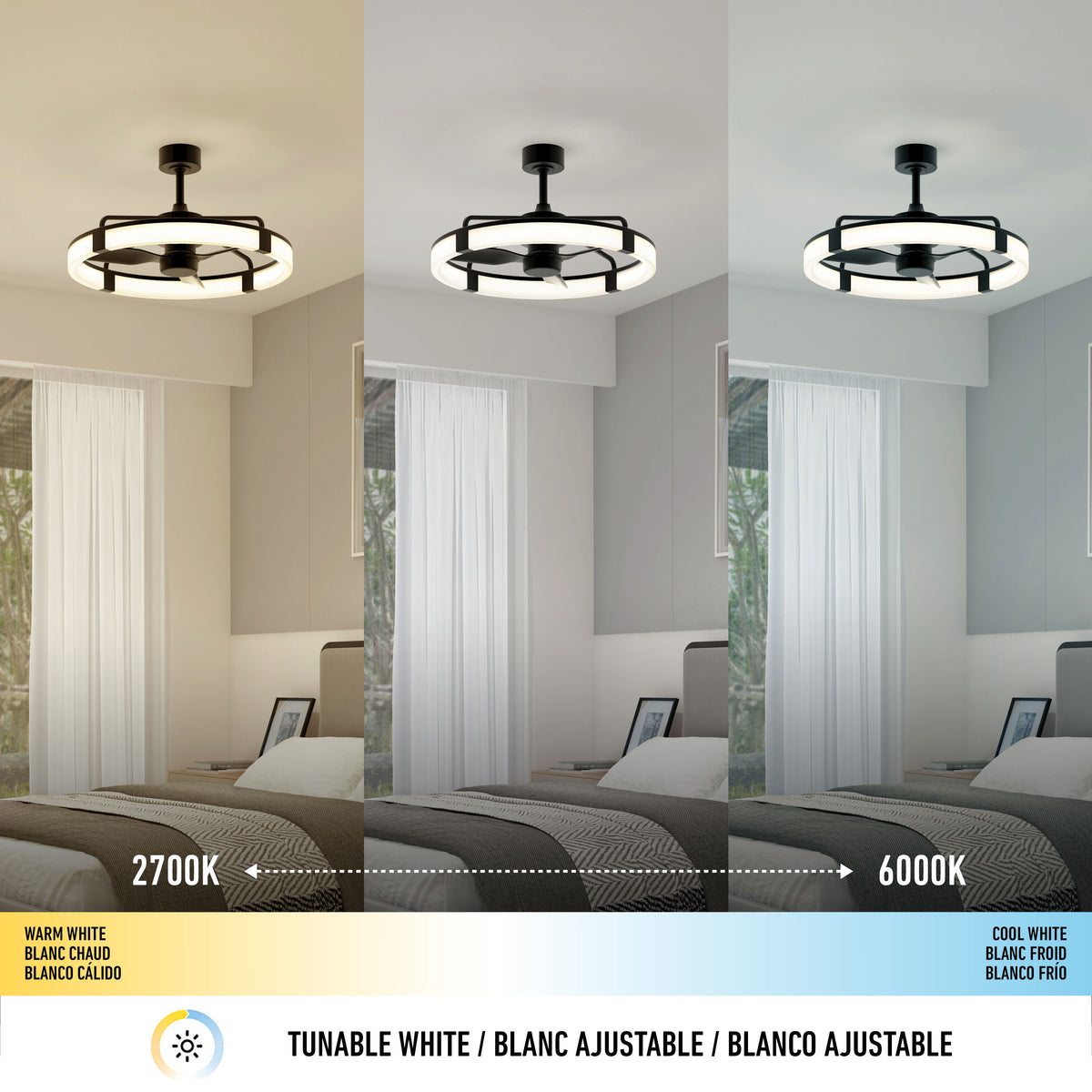 The Artika Sunnyvale 28 in. LED modern ceiling fan offers adjustable lighting—warm white (2700K), neutral, and cool white (6000K)—with a color temperature scale, all easily controlled via remote.