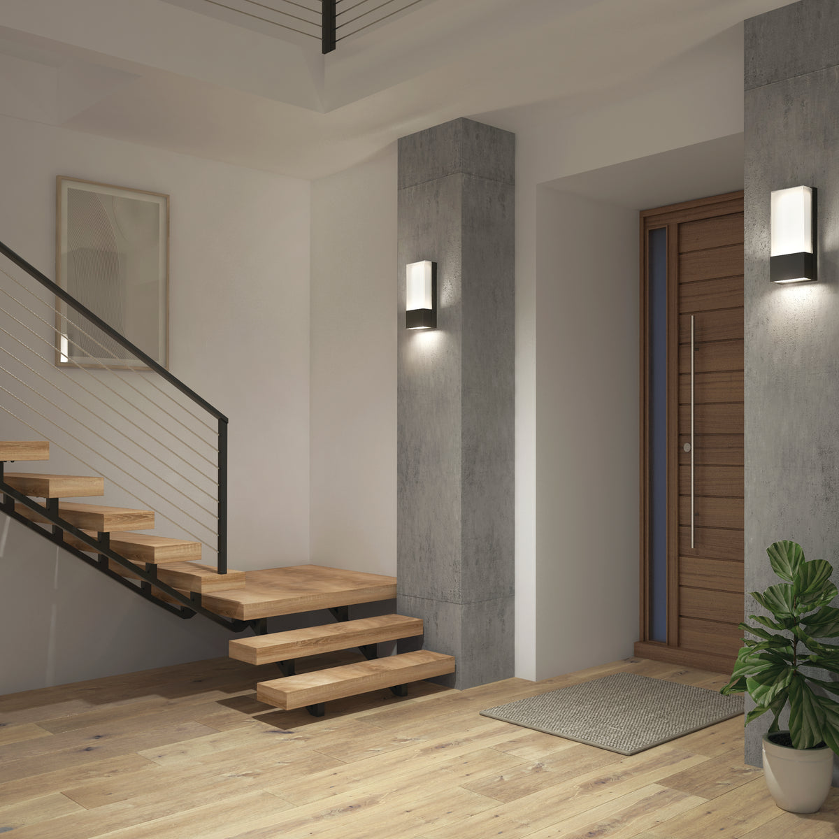 Modern entryway with floating wooden stairs, metal railing, a wooden door, concrete accent columns featuring Artikas Dixon indoor-outdoor LED wall light, light wood flooring, framed picture, doormat, and a potted plant in the corner.