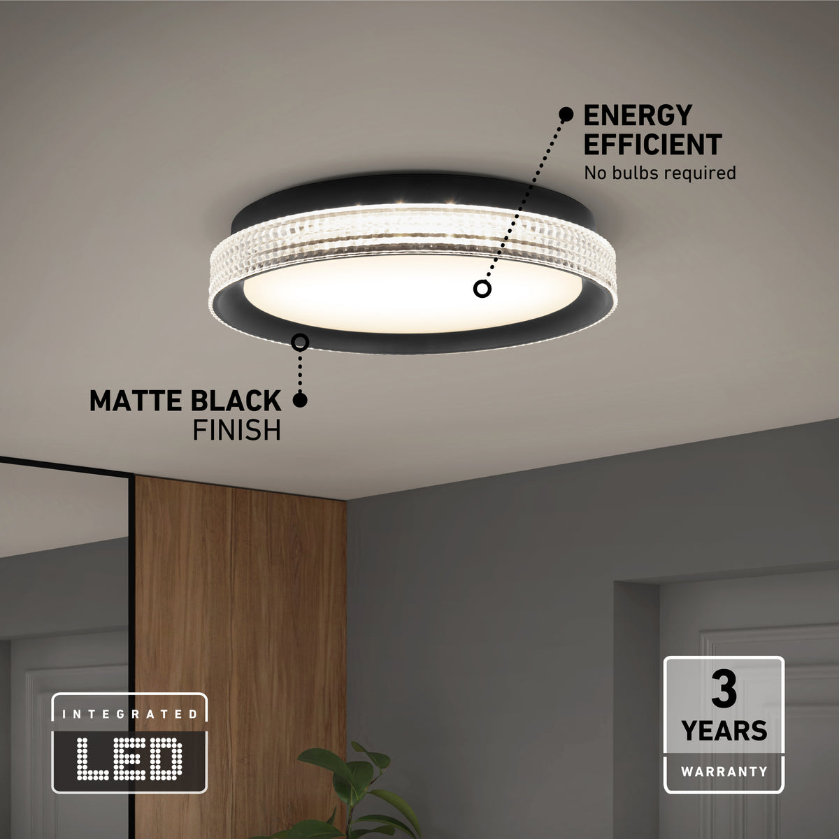 The Artika Aston 15 in. LED modern flush mount light features a matte black finish, integrated energy-efficient LED (no bulbs required), 5 CCT color options, a textured edge, and includes a 3-year warranty.