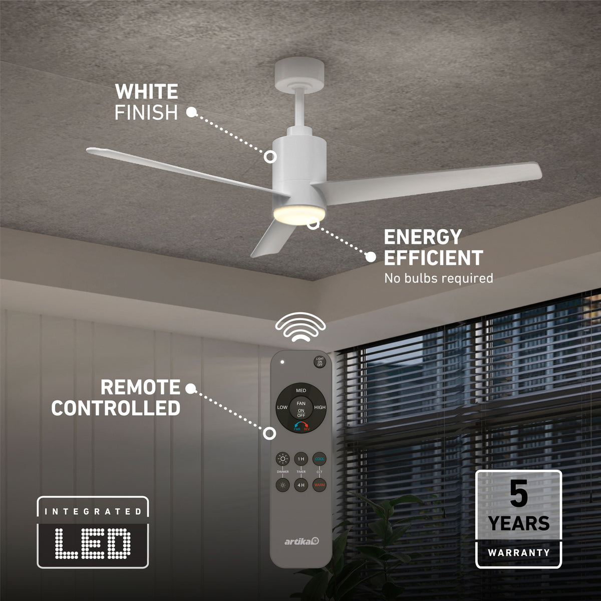 Artika Ellison 52″ LED fandelier ceiling fan with light, remote, energy-saving, 5-year warranty—shown in a bright modern room.