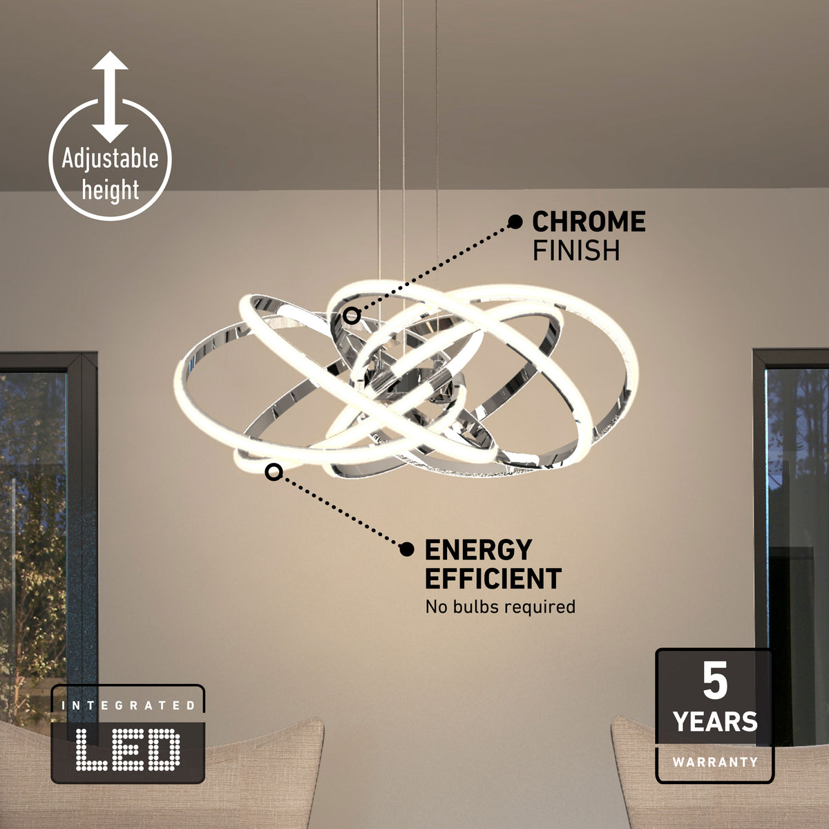 Artika Maelstrom modern LED pendant light, 5 CCTs, chrome finish, adjustable height, 5-year warranty—perfect for contemporary spaces.