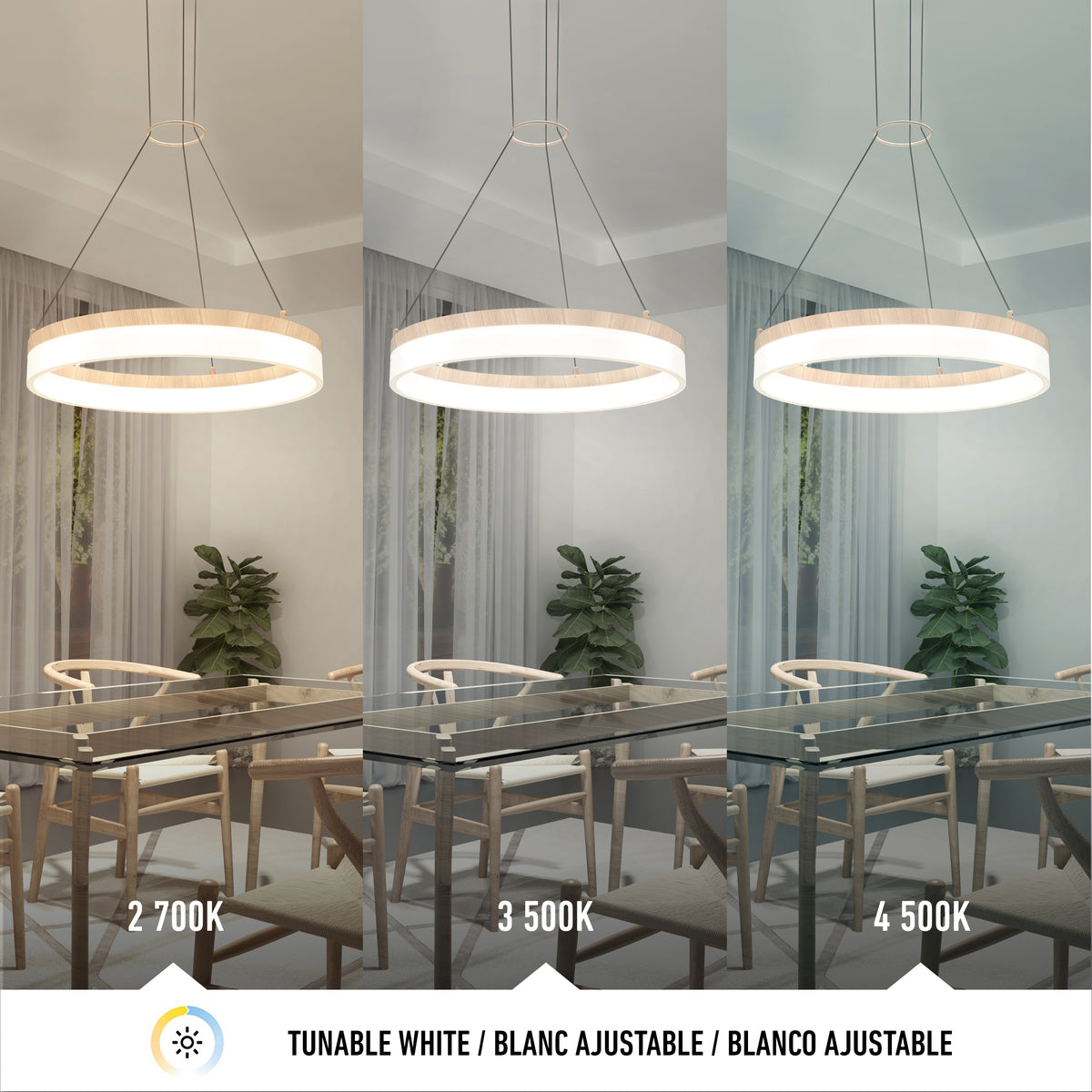 A modern dining room features Artika's Optical LED pendant light 3 CCT above a glass table, displayed in three color temperatures: warm white (2700K), neutral white (3500K), and cool white (4500K).