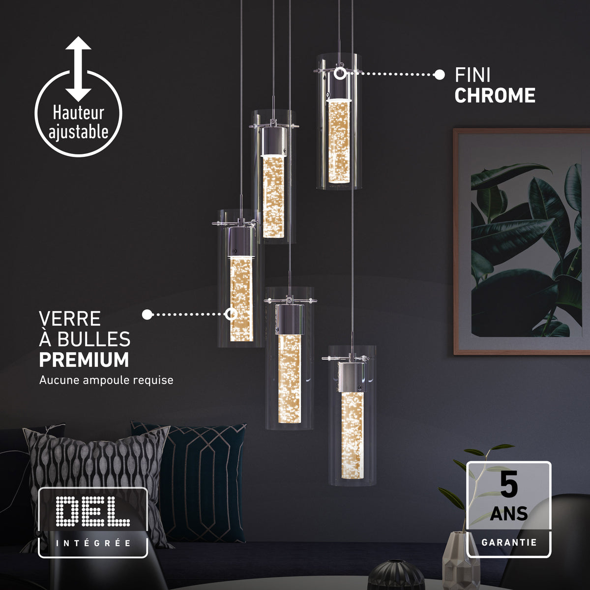 The Artika Essence 5-light LED pendant features bubble glass and chrome, bringing modern style and integrated LEDs to your living room.