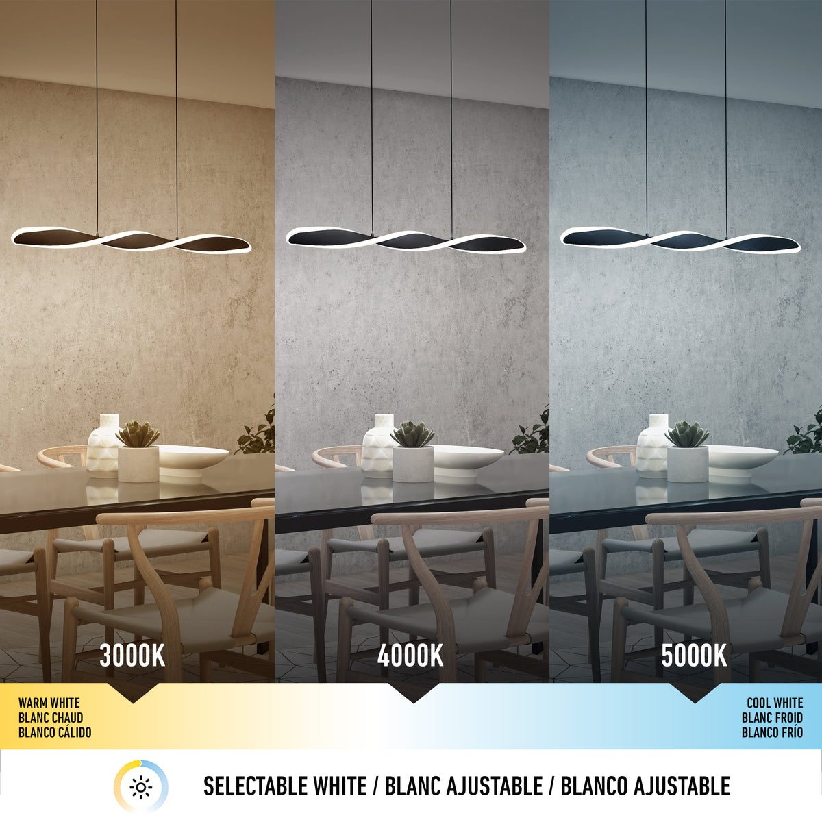 Three-panel image of a modern dining room with the Artika Finley Linear LED pendant light. Left: warm white (3000K). Middle: neutral white (4000K). Right: cool white (5000K). Showcases selectable CCT color temperatures.