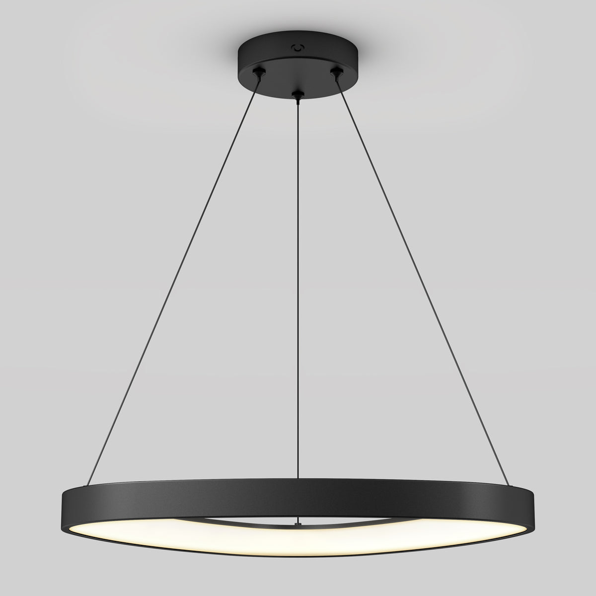 The Artika Bjorn modern LED pendant light 5 CCT features a circular black design suspended by three slim wires, casting a soft white glow against a plain light gray background.