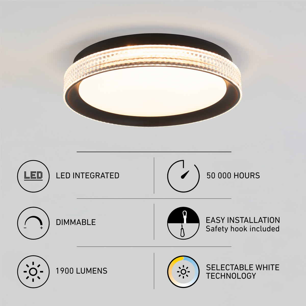 The Artika Aston 15 in. LED modern flush mount light features a frosted cover, crystal-like ring, selectable white (5 CCT), 50,000-hour lifespan, 1900 lumens, dimmable LED, and easy installation.