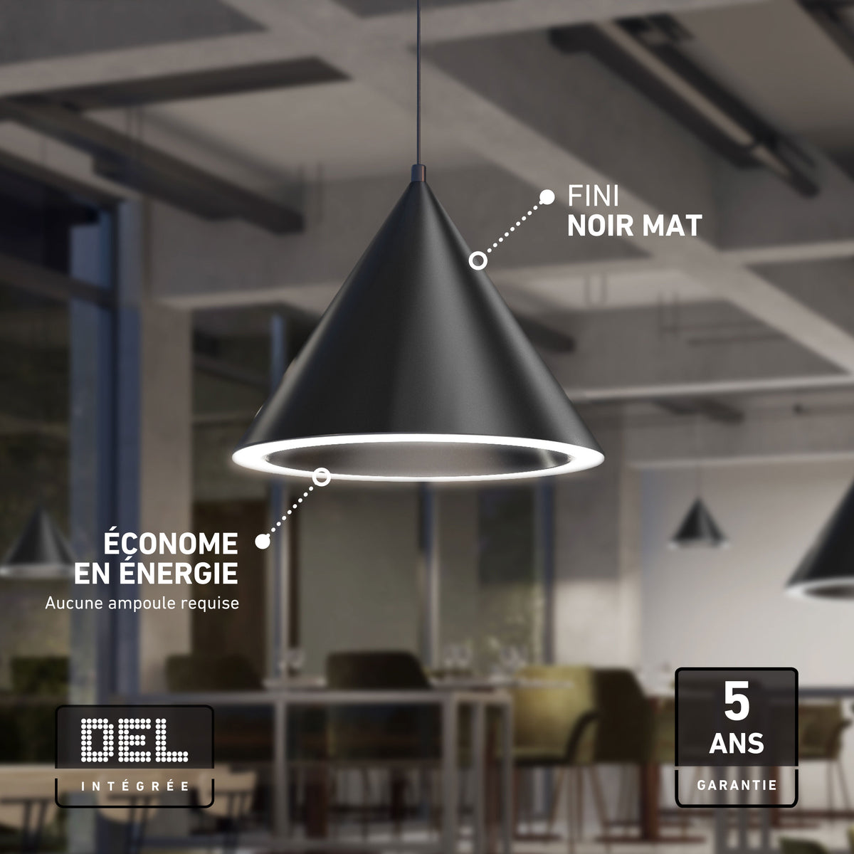 Artika Denali modern LED pendant light 3 CCT—energy-efficient, black matte finish, 5-year warranty, perfect for kitchen island lighting.