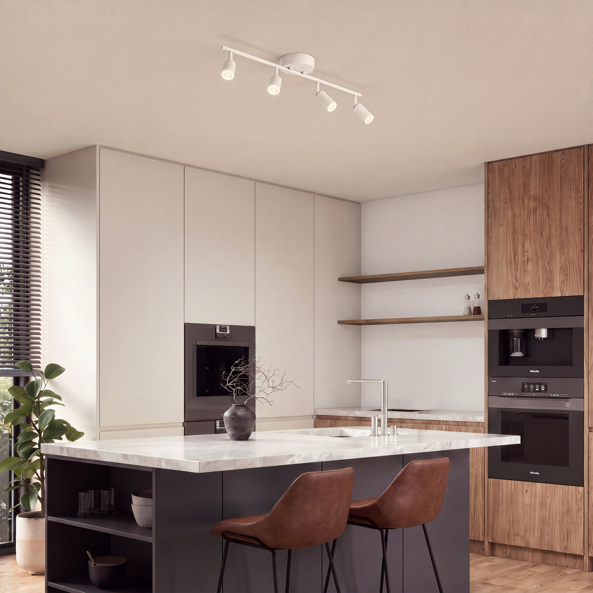 Modern kitchen with marble island, brown chairs, built-in ovens, open shelves, plant, and Asher 32 in. LED track lighting by Artika.