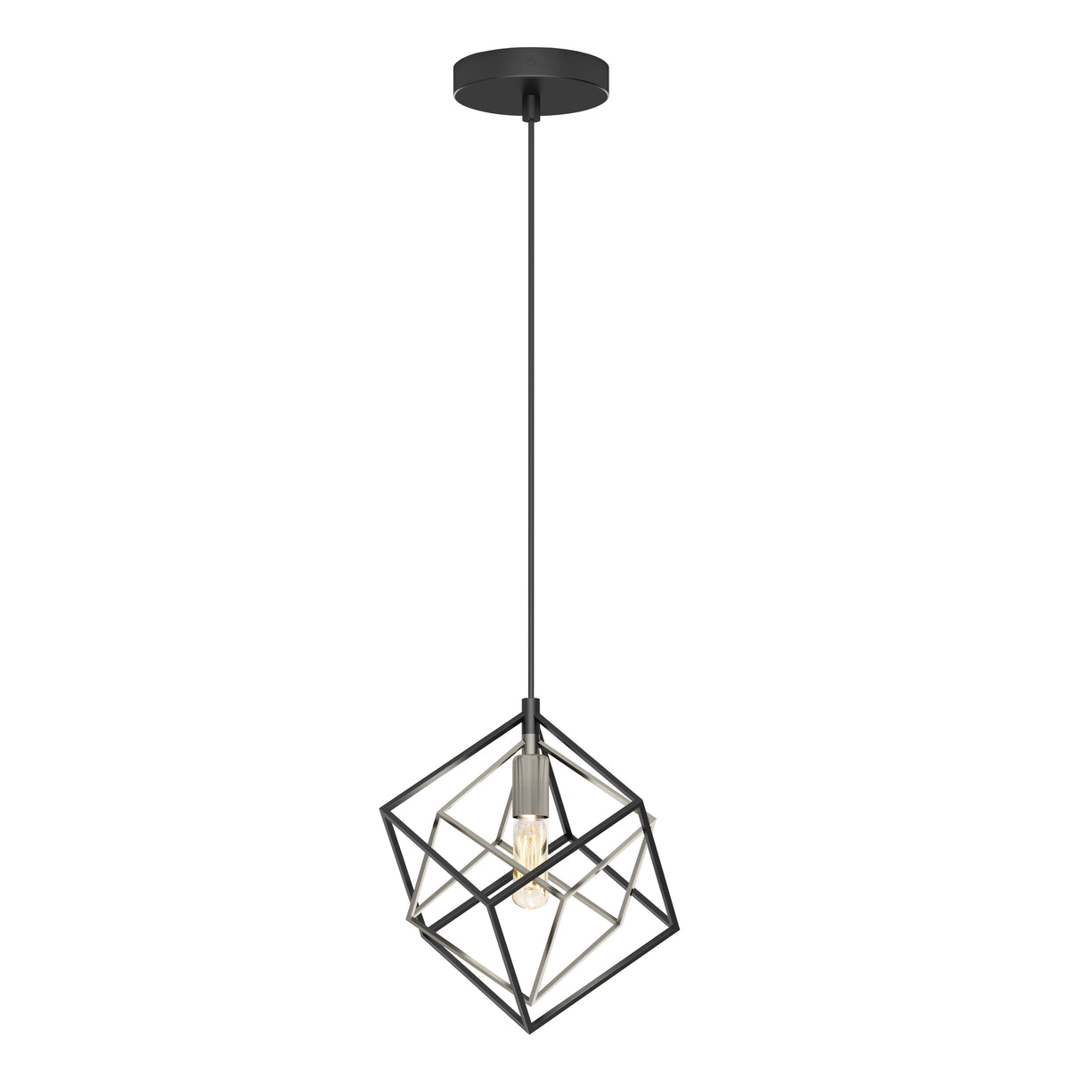 The Artika Imperium Single pendant light features a geometric black open metal cube frame, suspended from a ceiling mount with a visible central bulb.