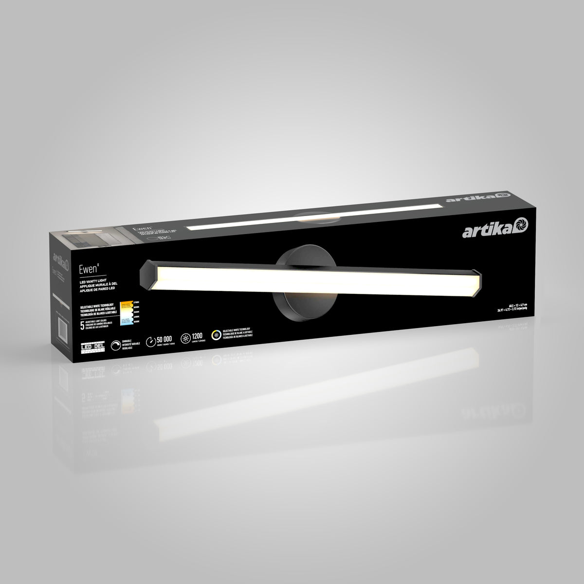 Artika Ewen modern LED bathroom vanity light, 5 CCT, black finish—adjustable color balance for ideal mirror lighting.