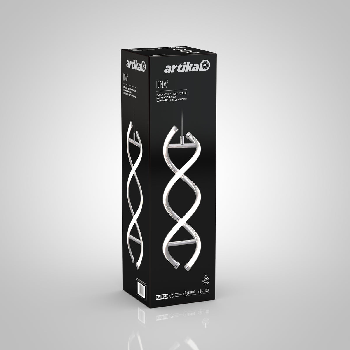 A black Artika box for the DNA LED pendant light displays a large image of the modern, double-helix-shaped fixture on the front and sides, with white product details.