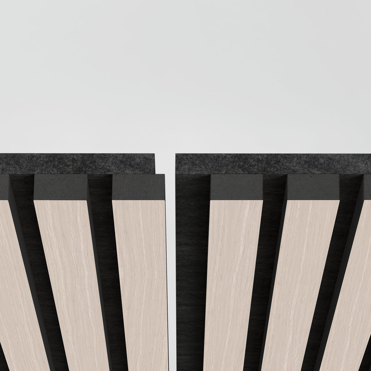 Close-up of two Artika Sonolok 15.5 ft sound-absorbing wall panels (from the 4-pack kit) with vertical, alternating light wood and black stripes against a white background, showing a narrow gap at the top center.