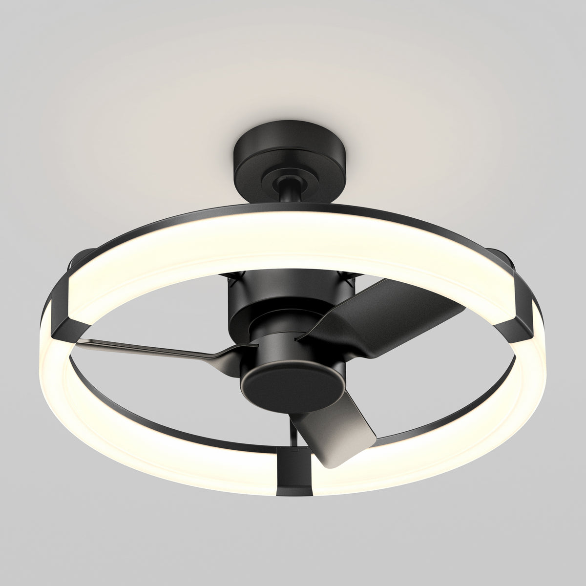 The Artika Sunnyvale 23 in. LED modern fandelier features three black blades, a circular light, and a remote—mounted on a white ceiling.