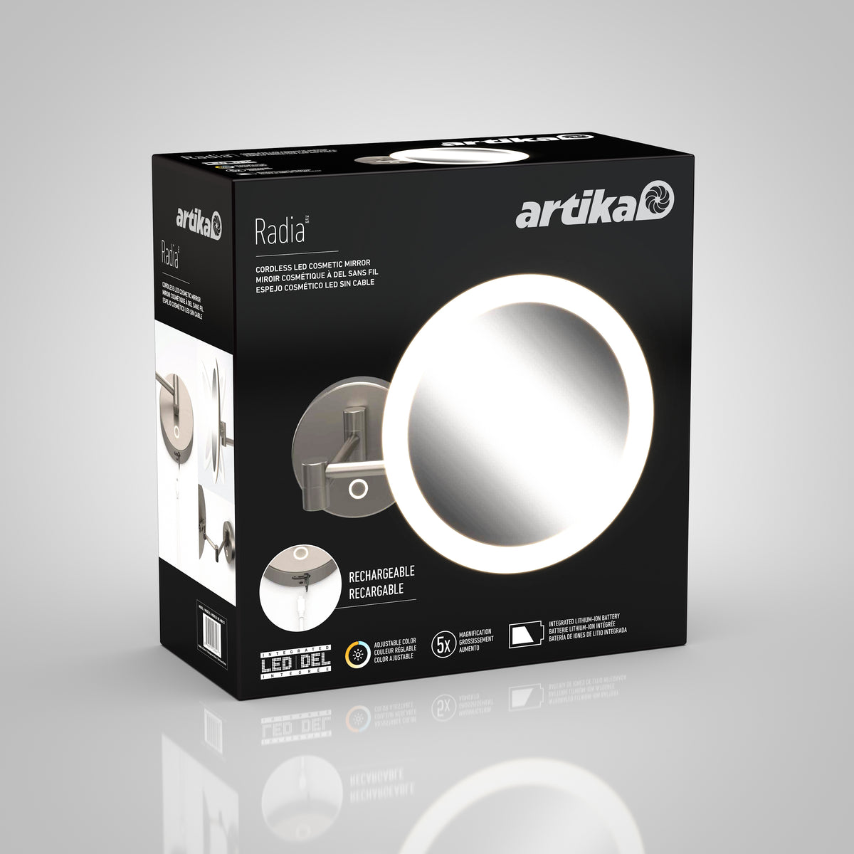 Black box for Artika Radia 9 in. Cordless LED Cosmetic Mirror, with lit 5x magnifying mirror and product info on the front.