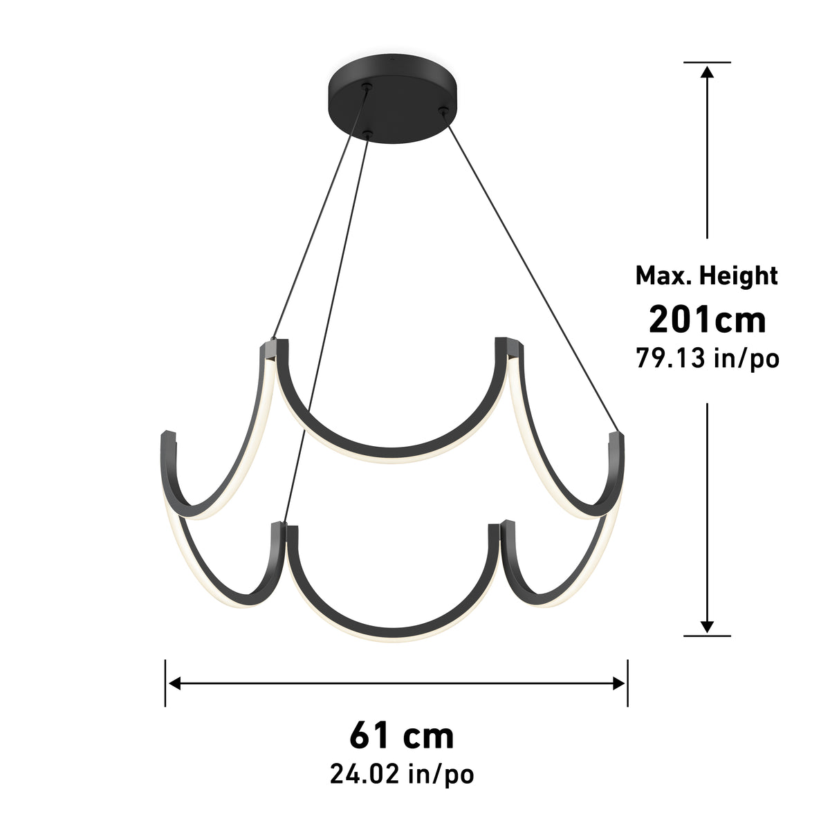 The Artika Adelia LED pendant light 5 CCT is a modern black chandelier with three curved LED bars suspended by cables. It extends up to 201 cm (79.13 in) high and measures 61 cm (24.02 in) wide, with dimensions clearly marked.