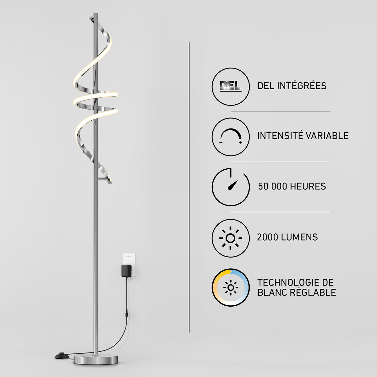 The Artika Coda modern LED floor lamp 5CCT stands by a wall featuring icons and French text about its integrated LEDs, adjustable white (5 CCT), 50,000-hour lifespan, 2000 lumens brightness, dimmable function, and minimalist design.