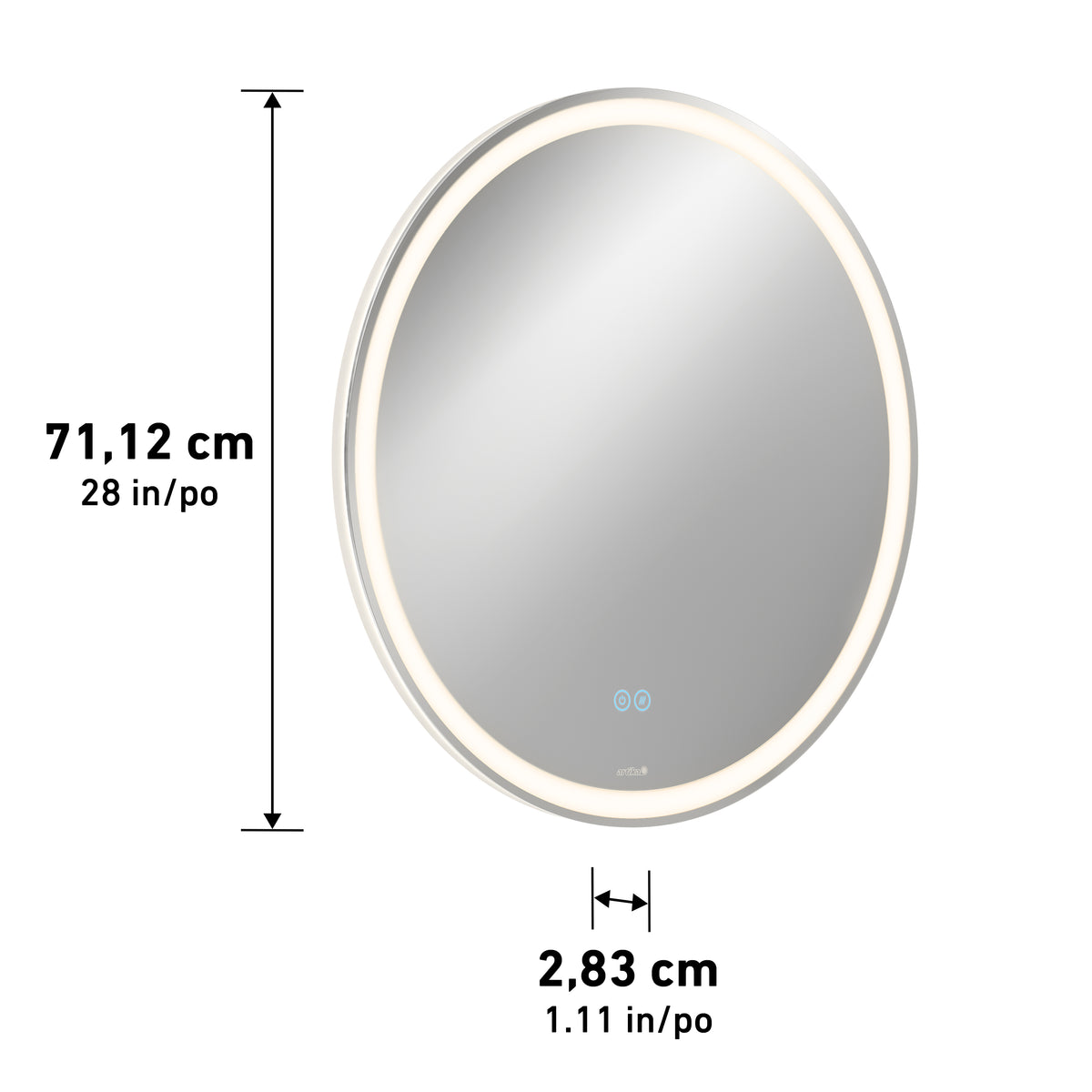 The Artika Ayla 28 in. LED mirror with defogger features built-in edge lighting, touch controls on the front, and measures 71.12 cm (28 in) diameter by 2.83 cm (1.11 in) thick with selectable 3-CCT color temperatures.