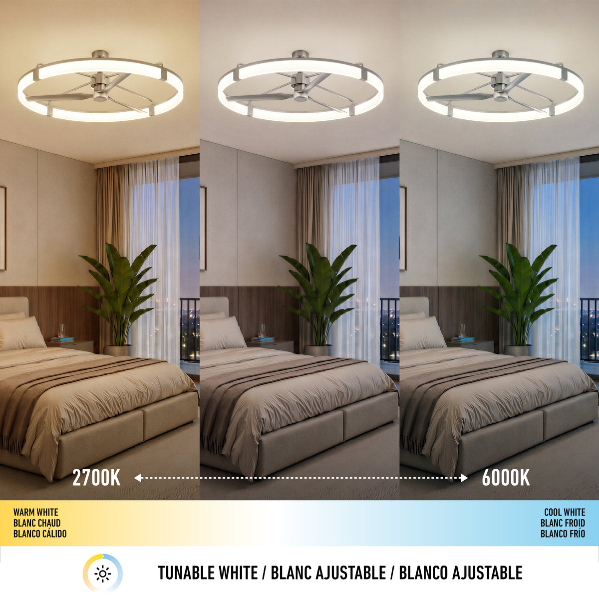 The Artika Sunnyvale 52 in. LED Ceiling Fan with Remote offers three color temps above a cozy bed with plants and a window.