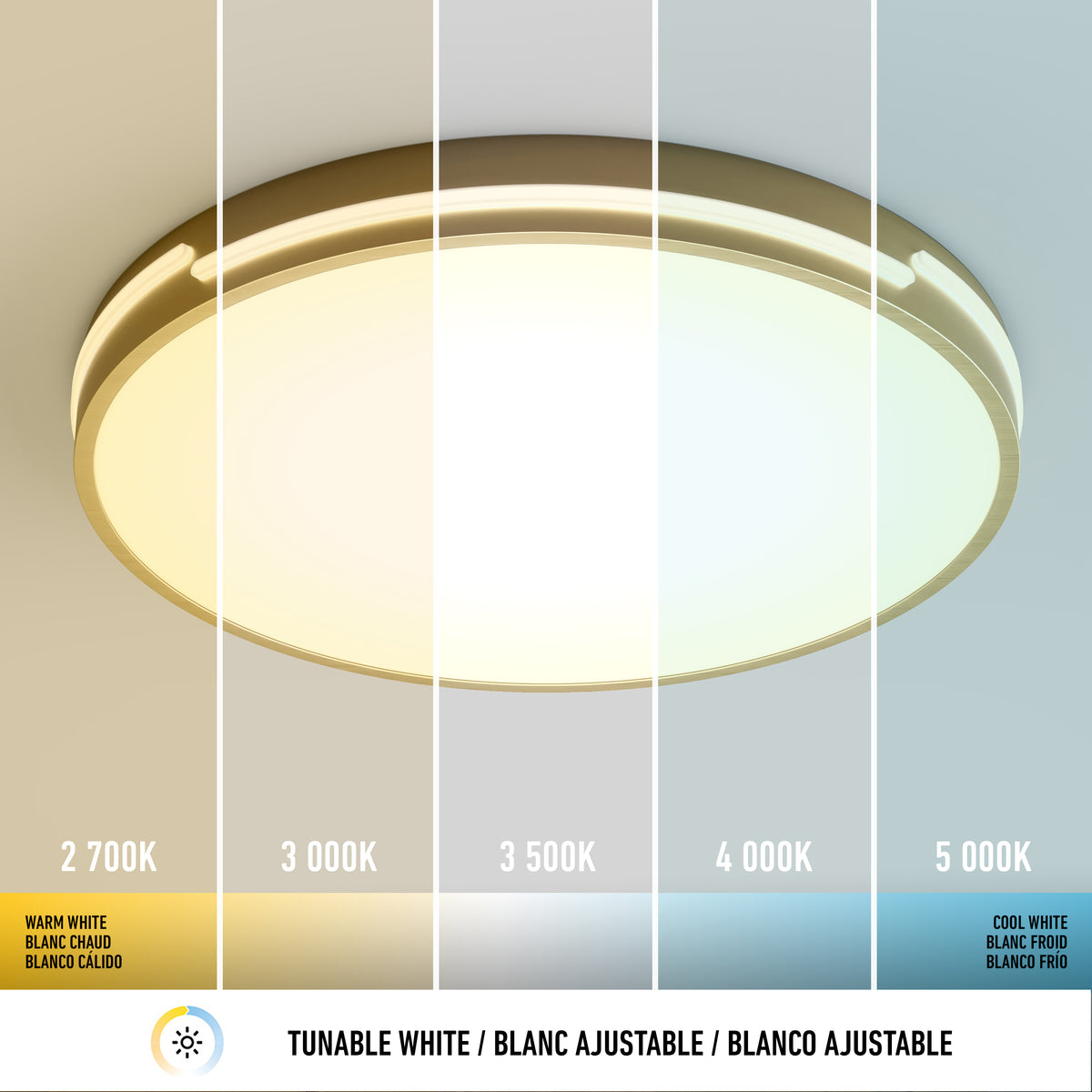 The Artika Delray 15.7 in. LED modern flush mount light offers 5 selectable color temperatures, from warm white (2700K) to cool white (5000K), with labels in English, French, and Spanish.