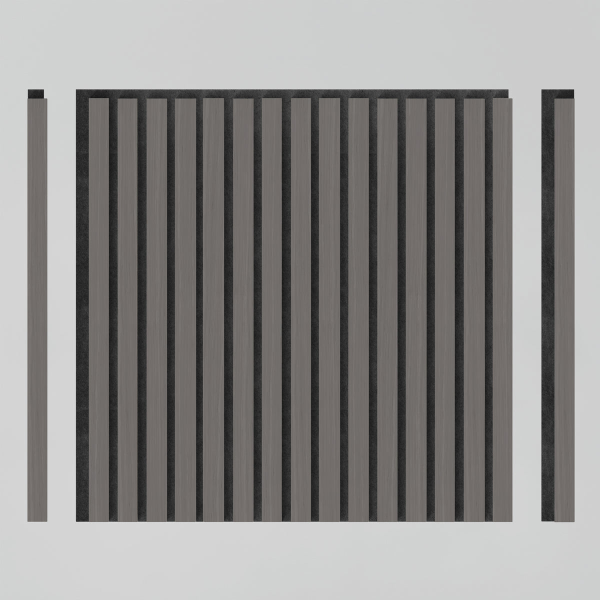 A minimalist image shows Artikas Sonolok 15.5 ft sound-absorbing wall panel kit (4-pack) as a square grid of vertical black and gray bars, with two slim matching bars along each edge, set against a plain white background.