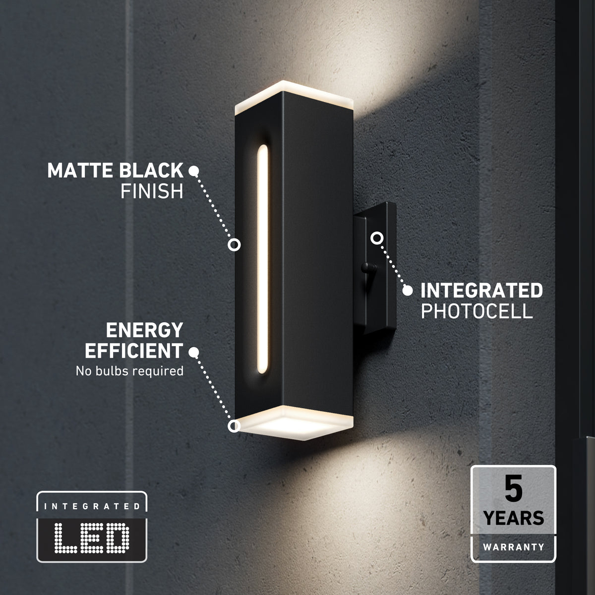 The Artika Linea Square LED indoor-outdoor wall light (3 CCT) with a matte black finish is shown lit on a gray wall, featuring an integrated photocell, energy efficiency, 5-year warranty, and no bulbs required.
