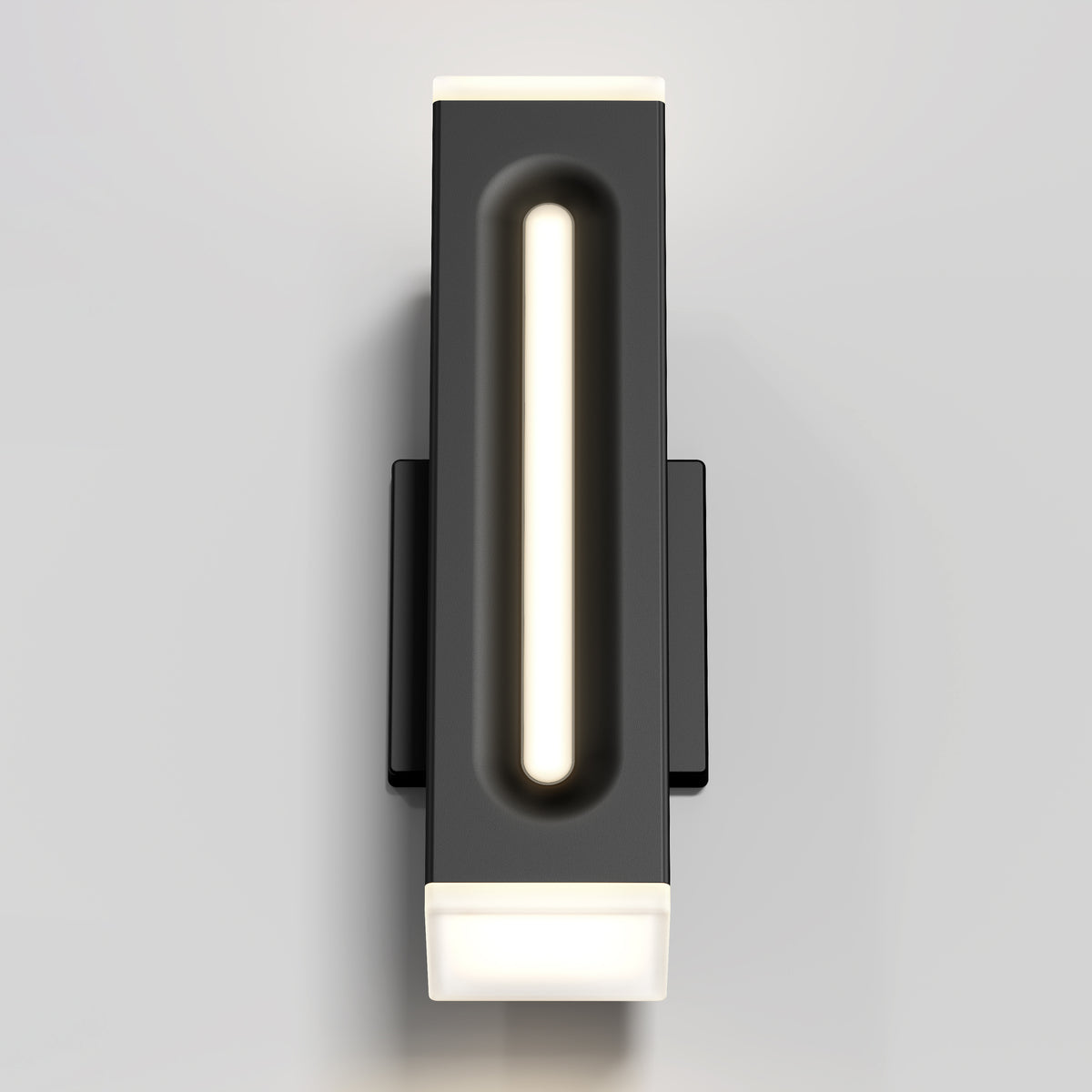 The Artika Linea Square LED indoor-outdoor wall light 3 CCT features a modern rectangular black body, vertical central light strip, illuminated white ends, and is shown mounted on a light gray wall.