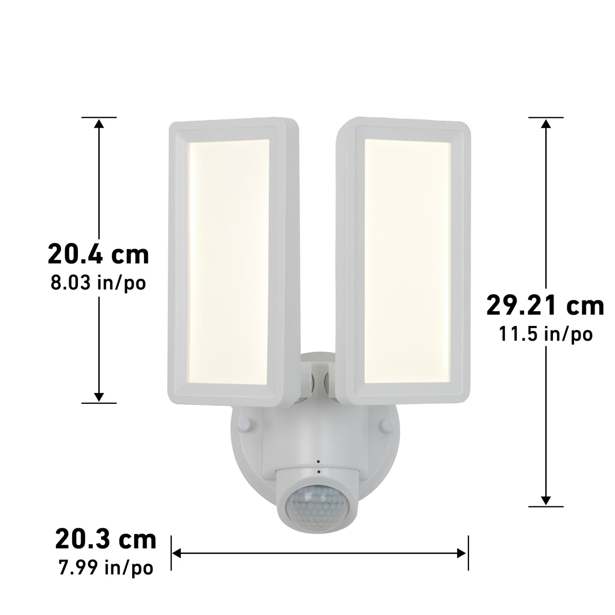 Artika Sentinel outdoor Flat Panel Security light: a white LED floodlight with two adjustable rectangular panels and a motion sensor at the base. Dimensions: 20.4 cm H x 29.21 cm W x 20.3 cm D (with inch equivalents marked).