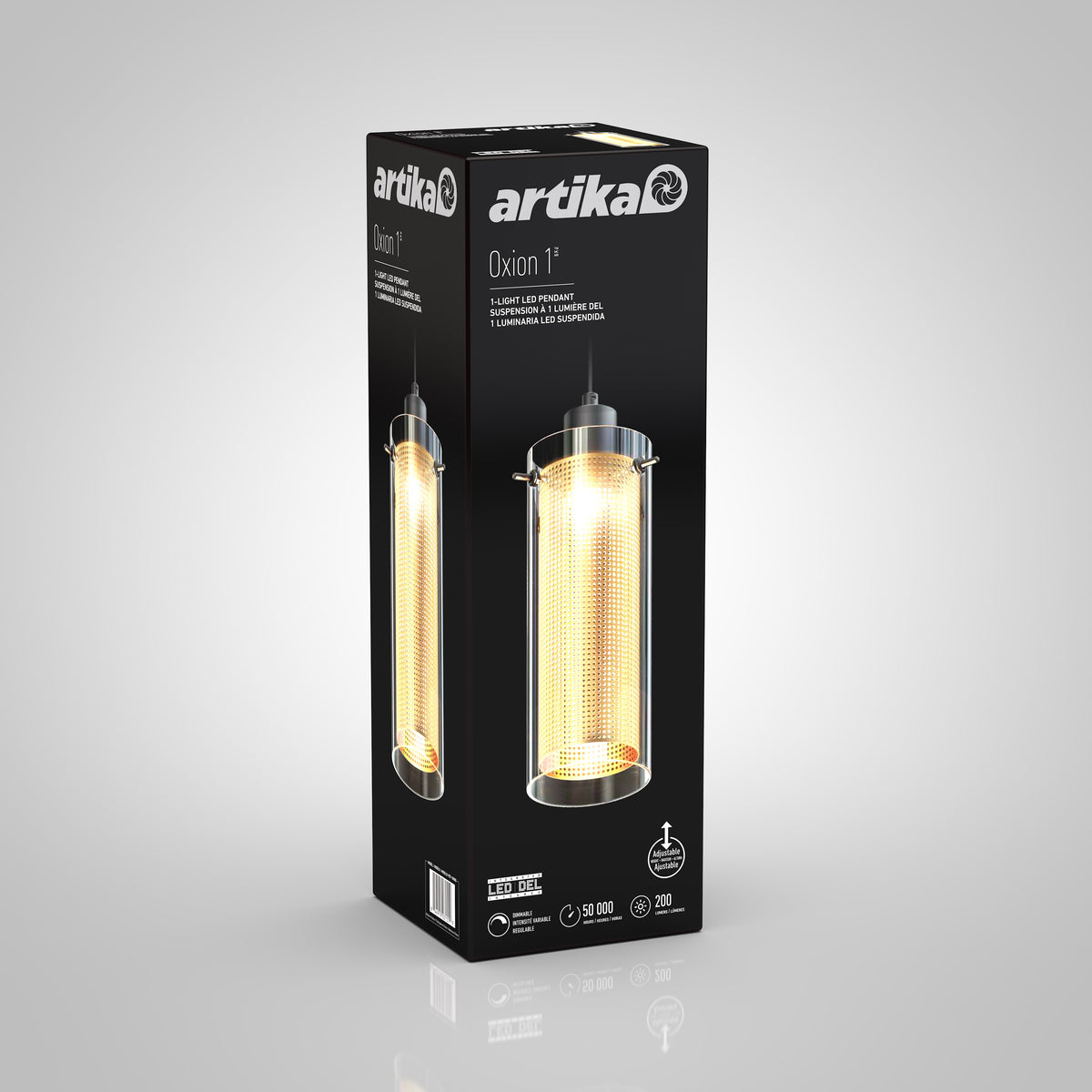 A black box displays the Artika Oxion 1-light LED pendant, featuring a lit cylindrical lamp and product details in English and French, all set against a gray gradient background.