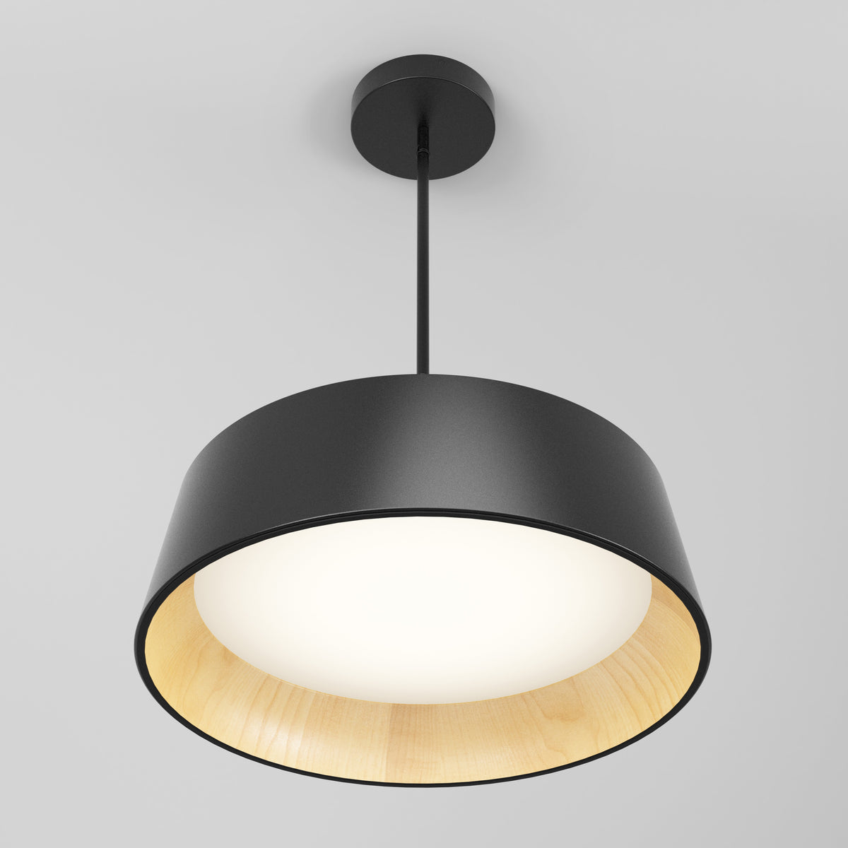 The Artika Alton modern LED pendant light 5 CCT features a black outer shade, wooden inner lining, and white diffuser, all suspended from a black rod against a light gray background.