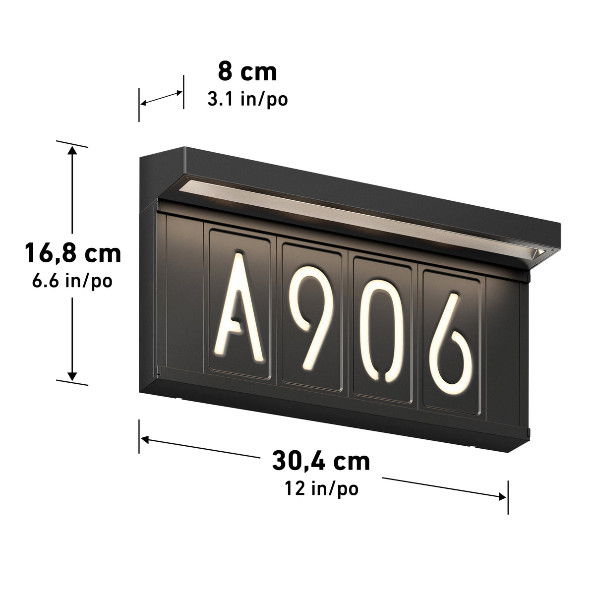 The Artika Bowen solar LED outdoor address wall light 5 CCT is a black, rectangular, wall-mounted sign with illuminated numbers. Maintenance-free, it measures 16.8cm tall, 30.4cm wide, and 8cm deep, with visible measurement lines and labels.