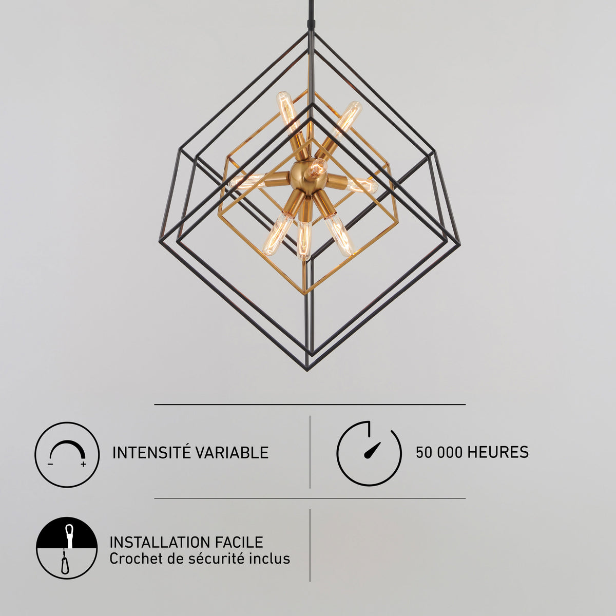 Artika Imperium 9-light chandelier: modern geometric design, gold accents, exposed bulbs; dimmable, long lifespan, easy to install.