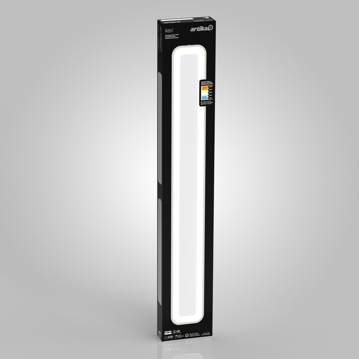 A slim, rectangular matte black ceiling light with white accents, branded “Artika Aiden 48 in. LED modern flush mount light 5 CCT,” and a color temperature chart on the top right, set against a light gray background.