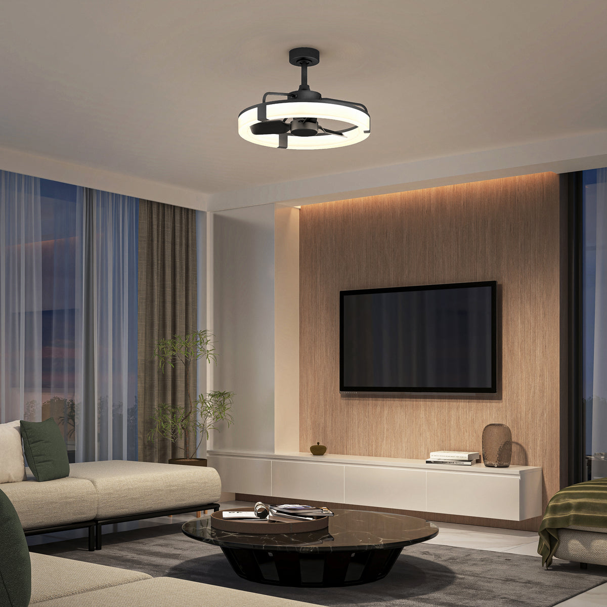Modern living room with Artika's Sunnyvale 23 in. LED fandelier ceiling fan, wall TV, sofa, coffee table & sheer curtains.