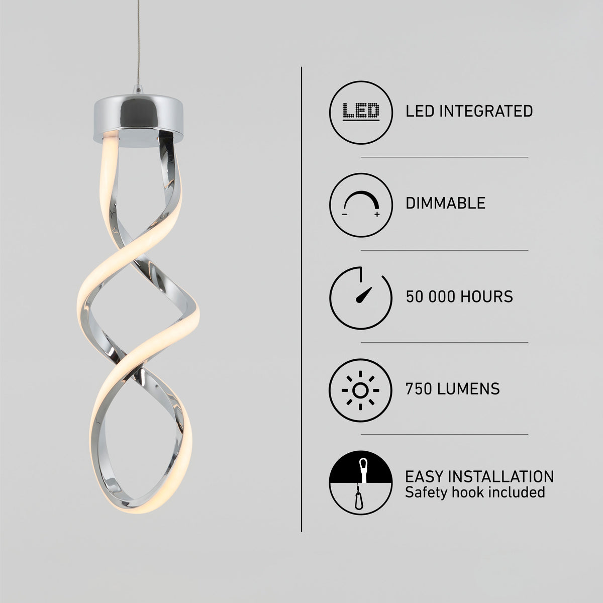 The Artika Mini Swirl LED pendant light with chrome finish hangs against a gray background. Feature icons and text highlight LED integration, dimmable function, 50,000-hour lifespan, 750 lumens, and easy installation.