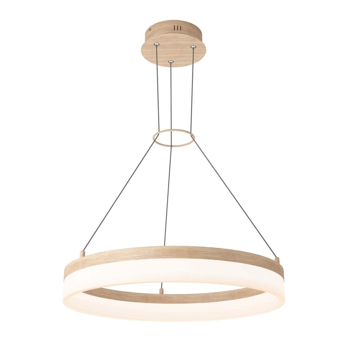 The Artika Optical LED pendant light 3 CCT features a circular design with a wooden finish, suspended by four thin cables from a round mount. Its adjustable white glow offers minimalist, contemporary lighting for any modern space.