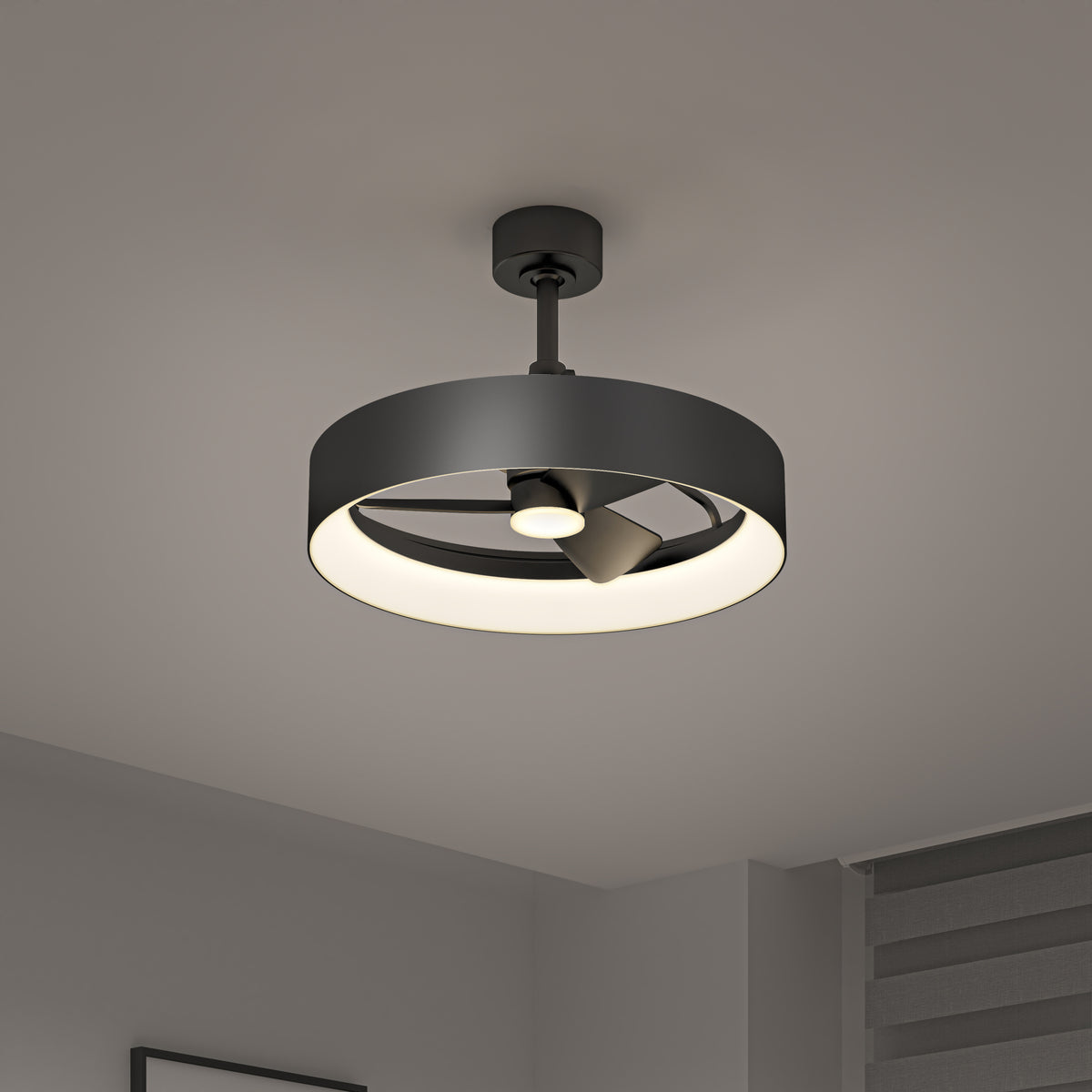 The Artika Austin 23 in. LED modern ceiling fan features a circular black frame and integrated light, and comes with a remote—perfect for contemporary rooms with minimal decor and a window with blinds.