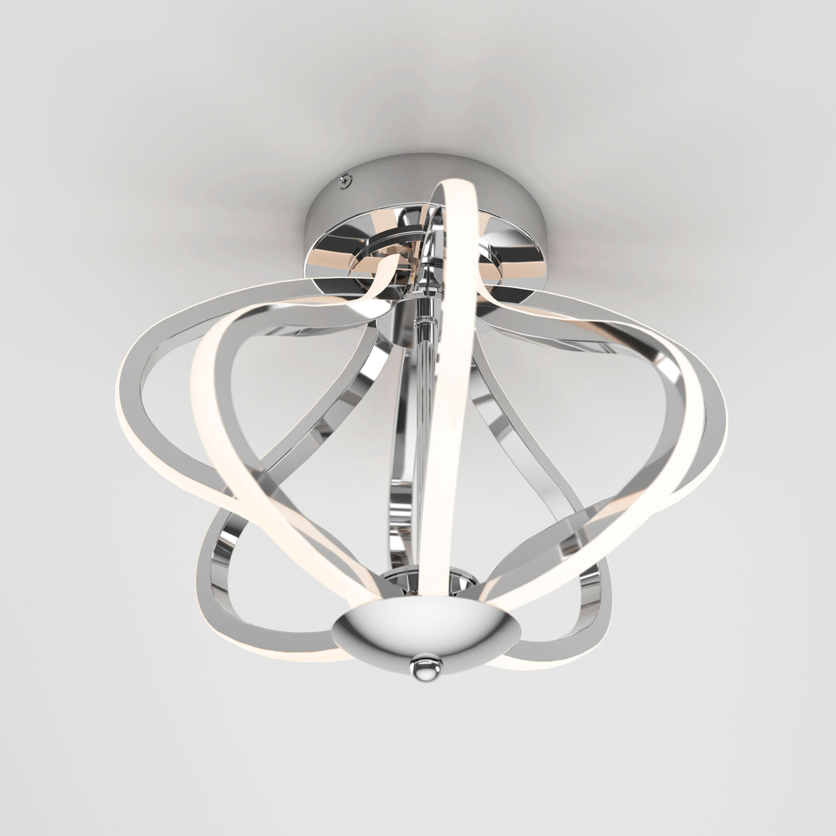 The Artika Meridian LED flush mount light features curved chrome-finished arms and integrated LED strips in a stylish, petal-inspired design, perfect for mounting on a white ceiling.