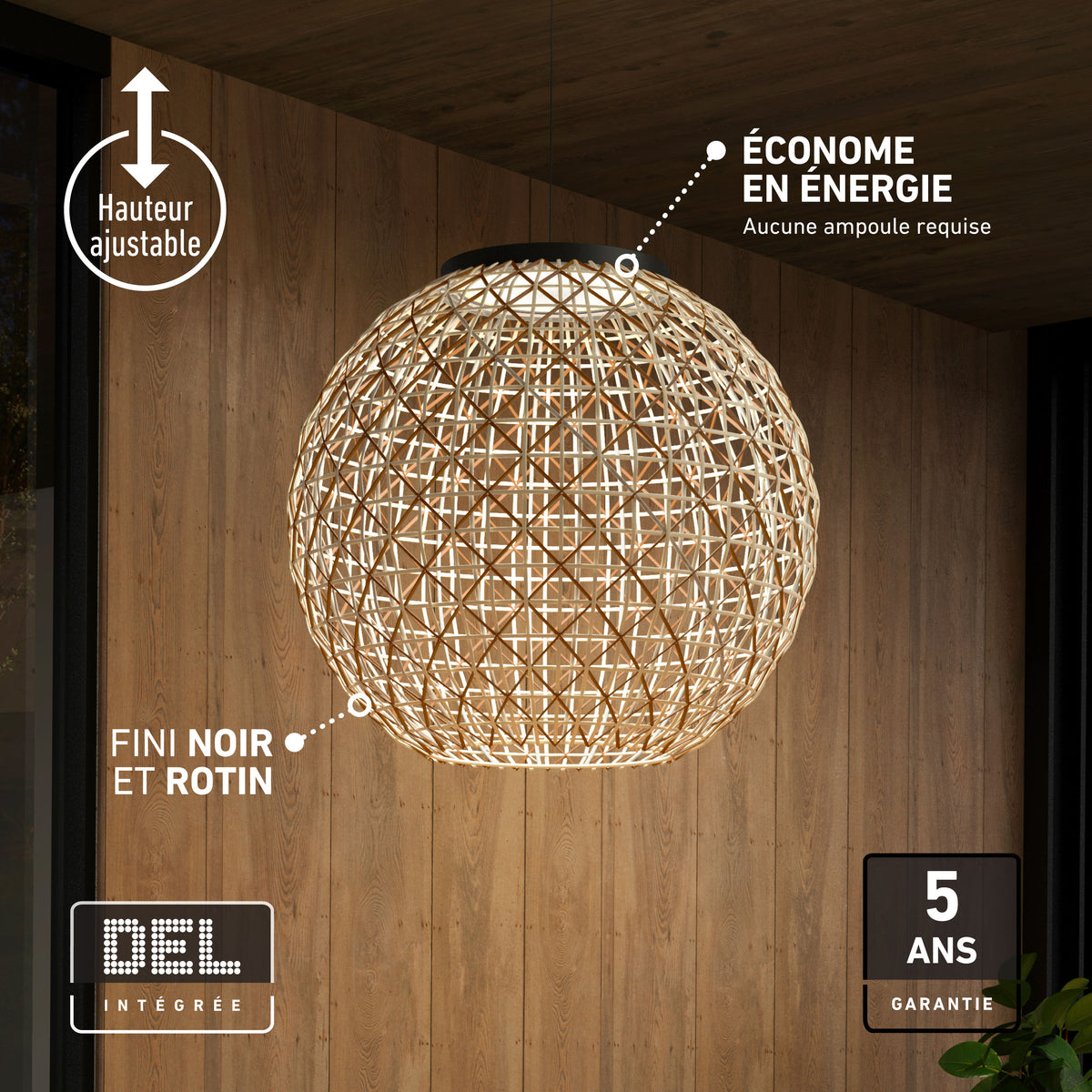 Artika’s Benson LED pendant light 5 CCT, dimmable and stylish, shines in a wood-paneled room with chic French text accents.