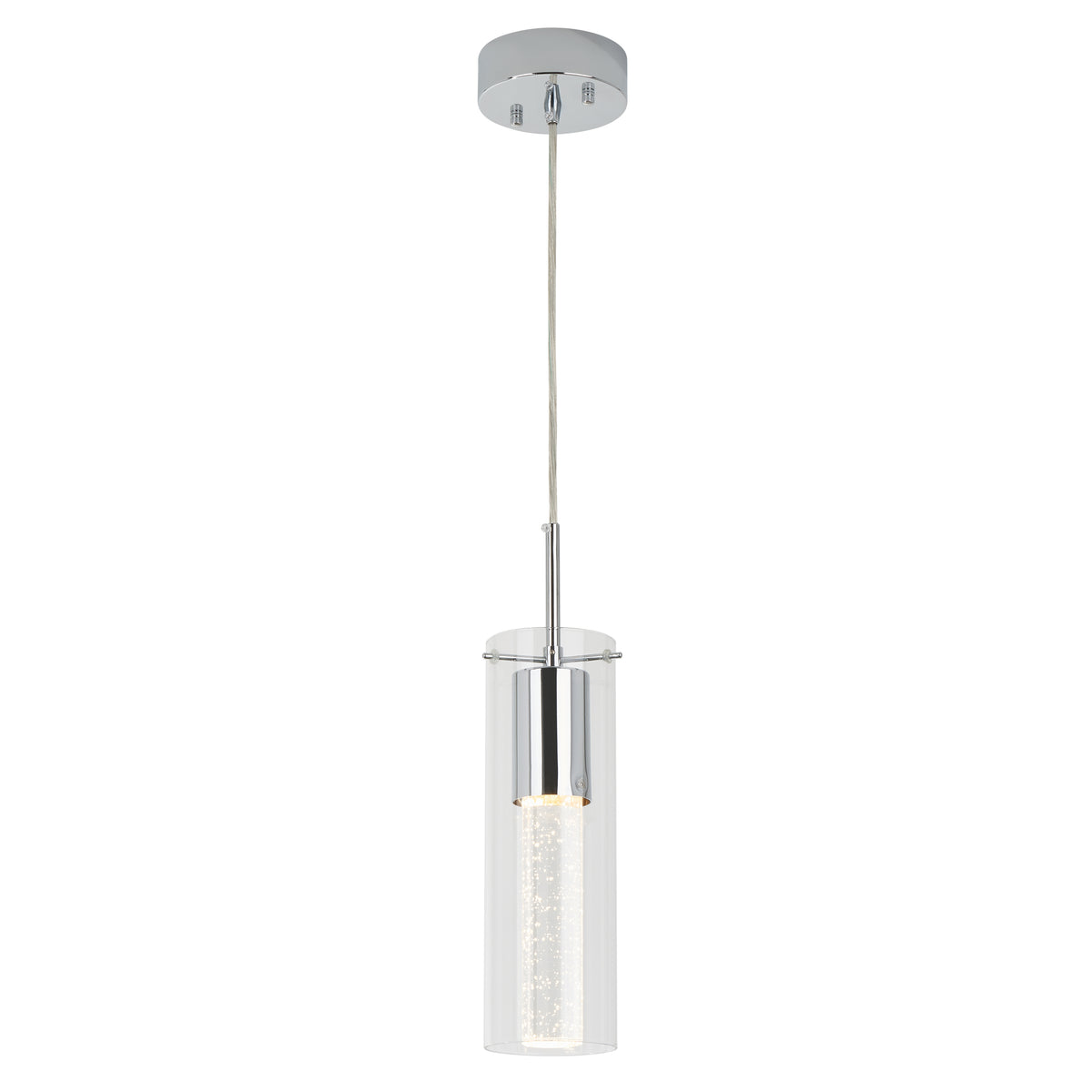 The Artika Bubble Flow 1-light pendant 2 features a modern cylindrical clear glass shade, chrome finish, and round ceiling mount. Suspended by a single cord, it softly illuminates the visible bulb inside.