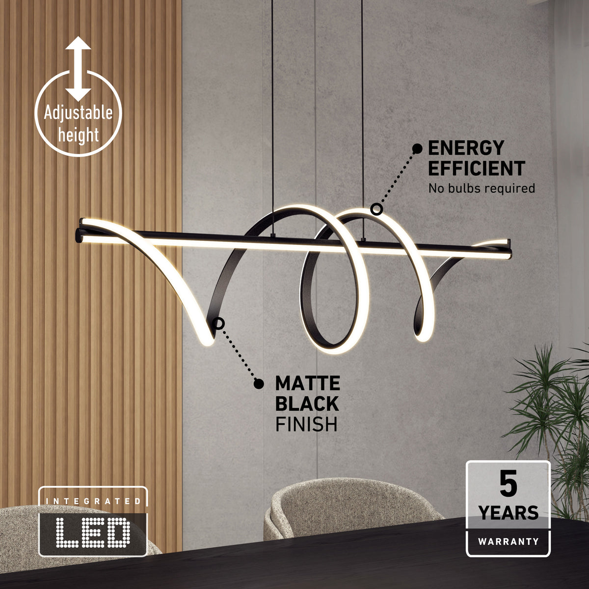 Artika Coda modern LED pendant light, 5 CCT, matte black, dimmable, height adjustable, for kitchen islands, 5-year warranty.