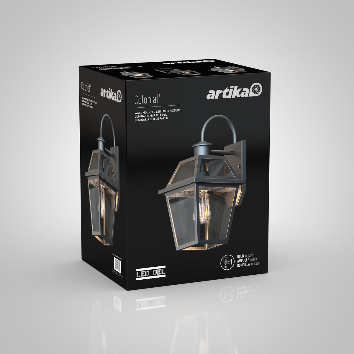 A black box package for the Artika Colonial outdoor lantern wall light features an image of the lamp on the front and side, along with product details and icons.