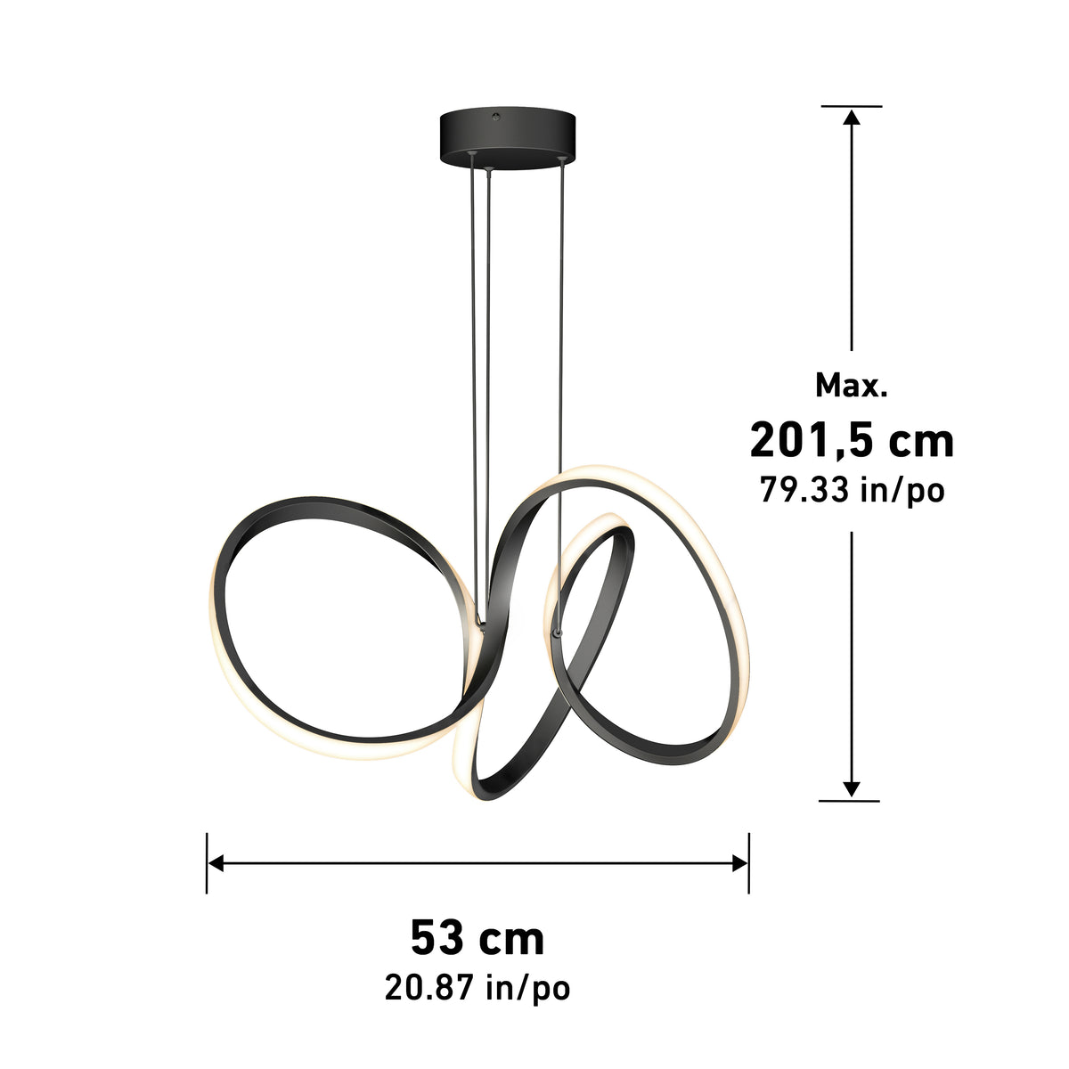 The Artika Swirl LED pendant light features a modern black design with three interlocking loops, suspended from the ceiling. Max height: 201.5 cm (79.33 in), width: 53 cm (20.87 in).
