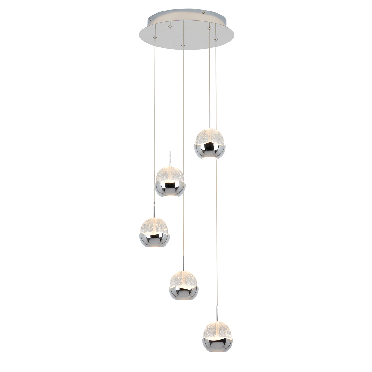 The Artika Oracle modern 5-light LED pendant features five chrome and frosted glass globes suspended at varying lengths from a round ceiling mount.