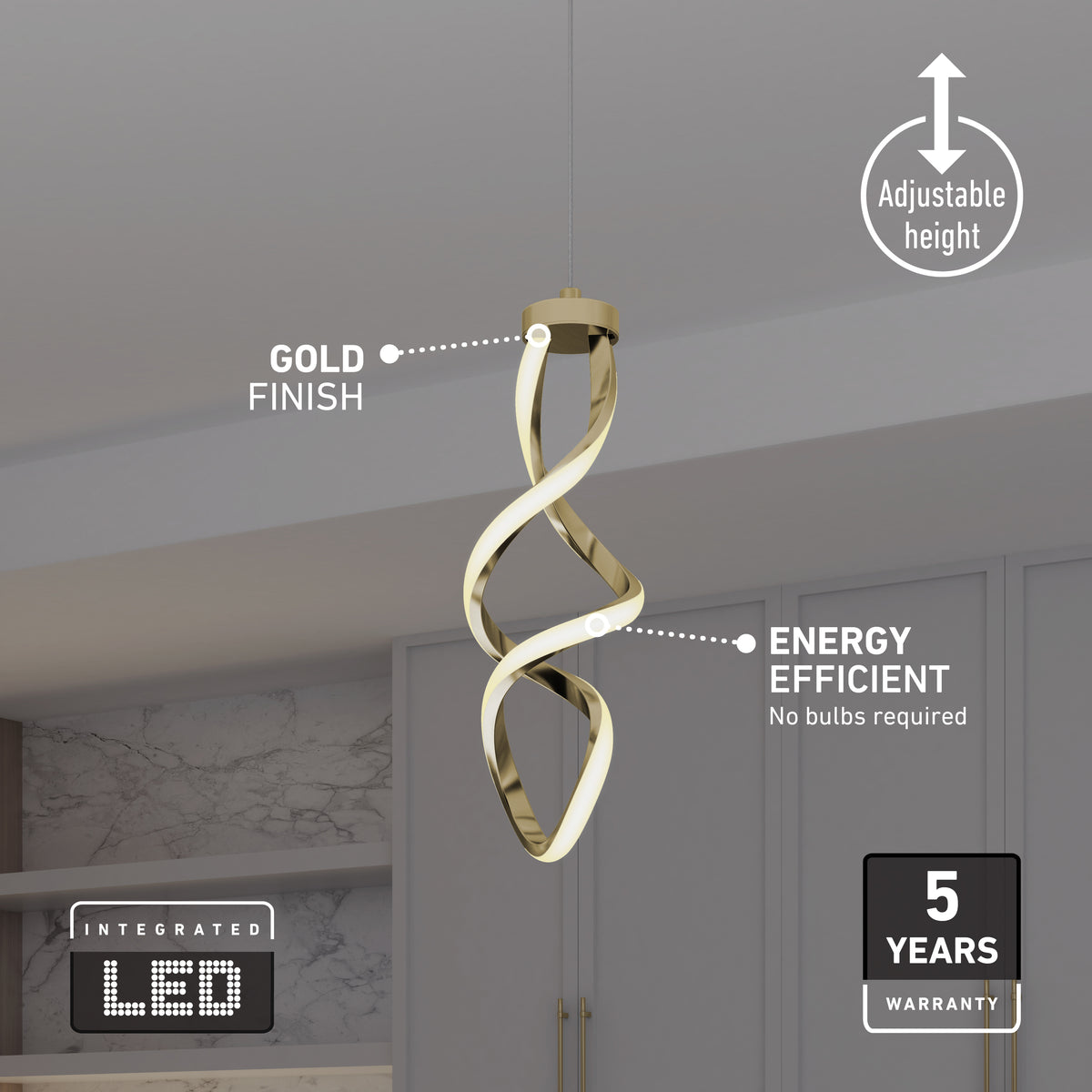 The Artika Mini Swirl LED pendant light features a modern gold finish, twisted design, adjustable height, energy efficiency, integrated LED, and comes with a 5-year warranty—perfect for stylish kitchens.