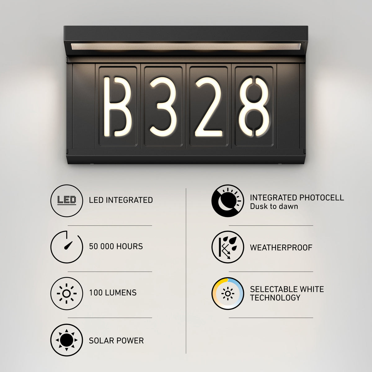 The Artika Bowen solar LED outdoor address wall light 5 CCT, displaying “B328,” is mounted on a wall. It offers maintenance-free, weatherproof, dusk-to-dawn illumination with 100 lumens, selectable white technology, and a 50,000-hour LED life.