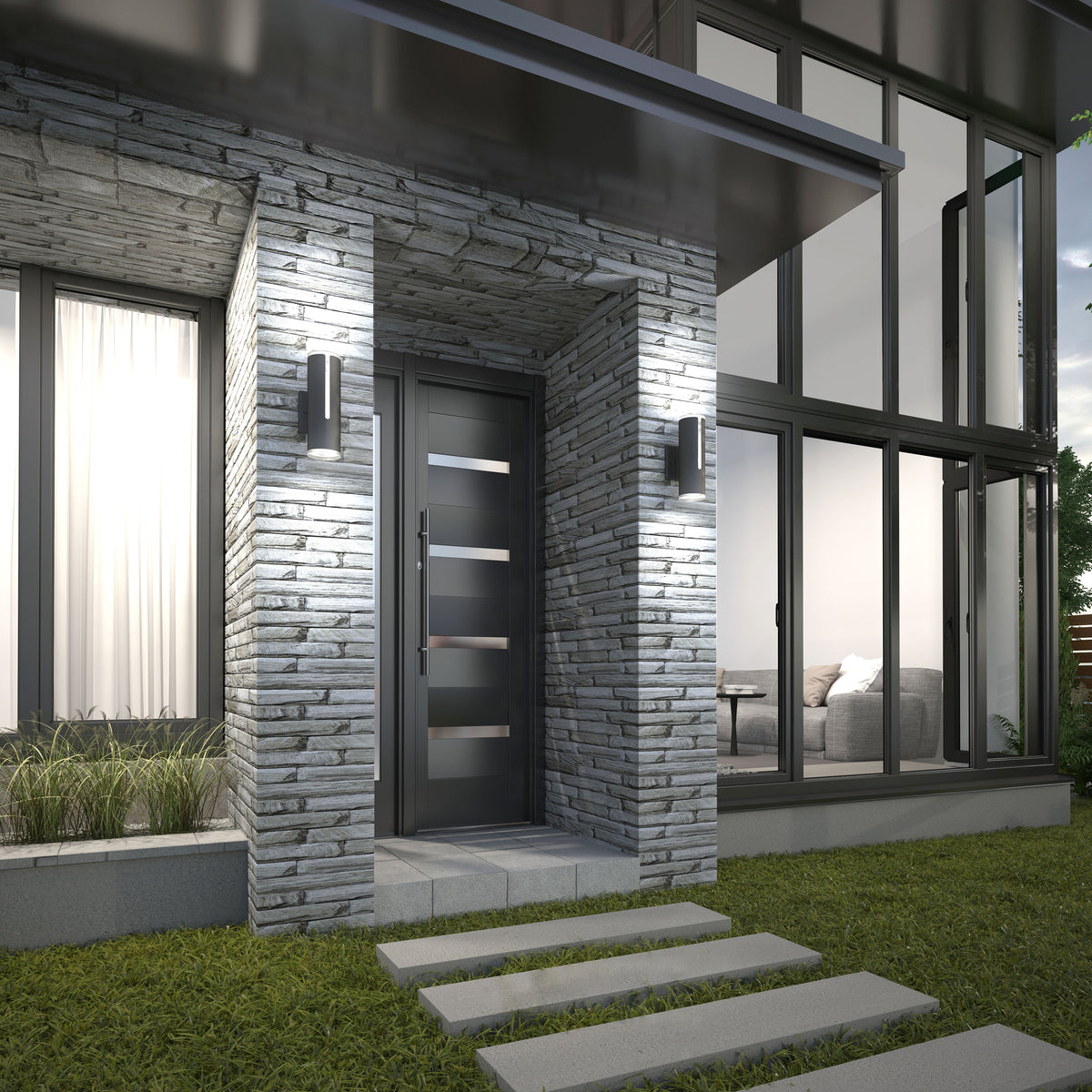 Modern house entrance with a gray stone exterior, sleek black door with horizontal glass panels, and two Artika Linea modern indoor-outdoor LED wall lights beside large windows showing a living room sofa. Concrete stepping stones lead to the door.