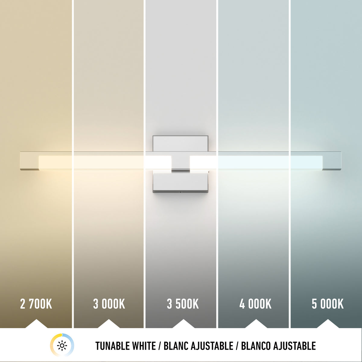 The Artika Tivoli modern LED bathroom vanity light 5 CCT is shown against a background split into five sections, each illustrating a different white color temperature from 2700K to 5000K, highlighting its adjustable warm-to-cool lighting.