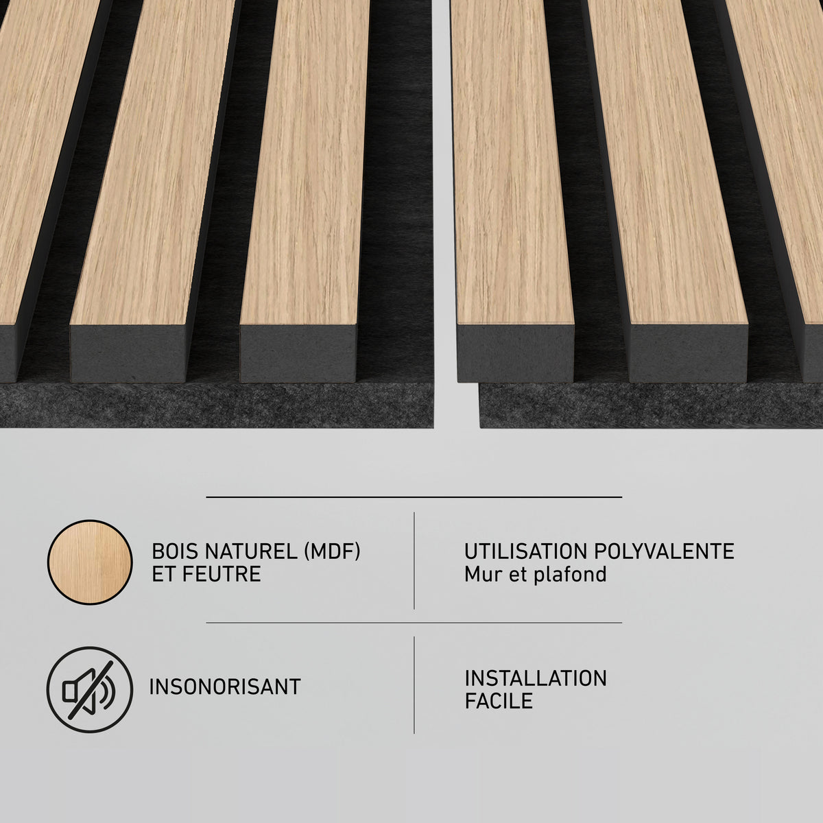 Artika Sonolok 15.5 ft sound-absorbing wall panel kit (4-pack) features icons and French text for easy installation on black felt.