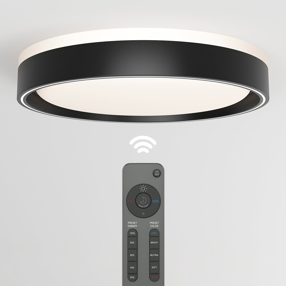 The Artika Callisto 15 in. LED flush mount light features a modern circular design with a black edge, white diffuser, and comes with a remote control for wireless brightness and color temperature adjustment across 5 CCT settings.