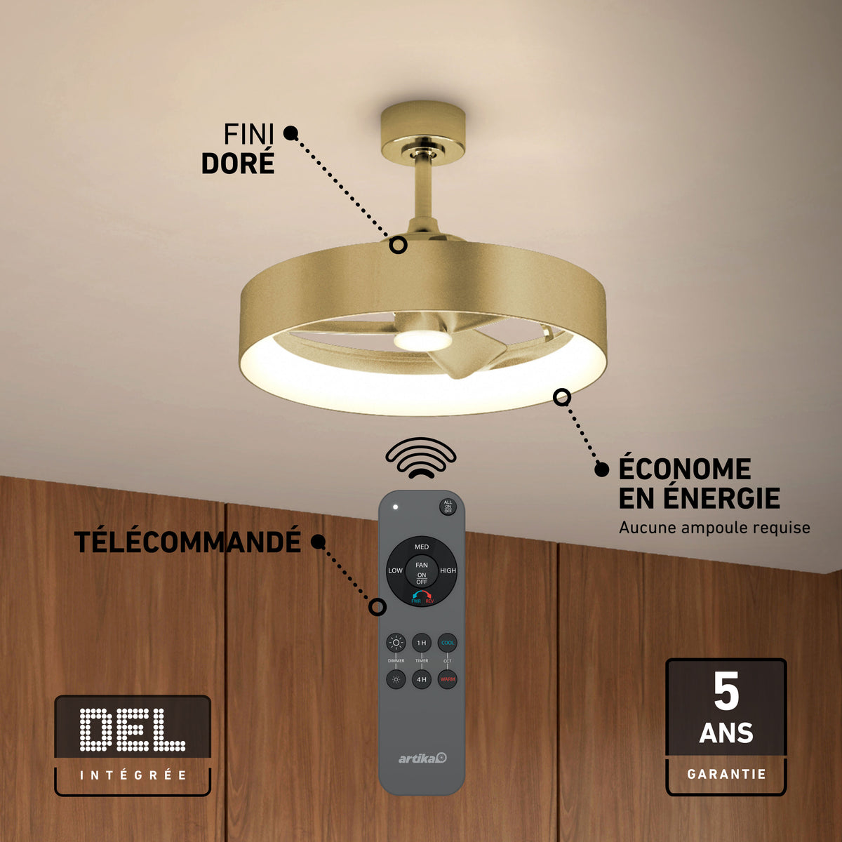 Artika Austin 23″ LED fandelier, remote control, energy-saving, wood-textured ceiling. 5-year warranty included.